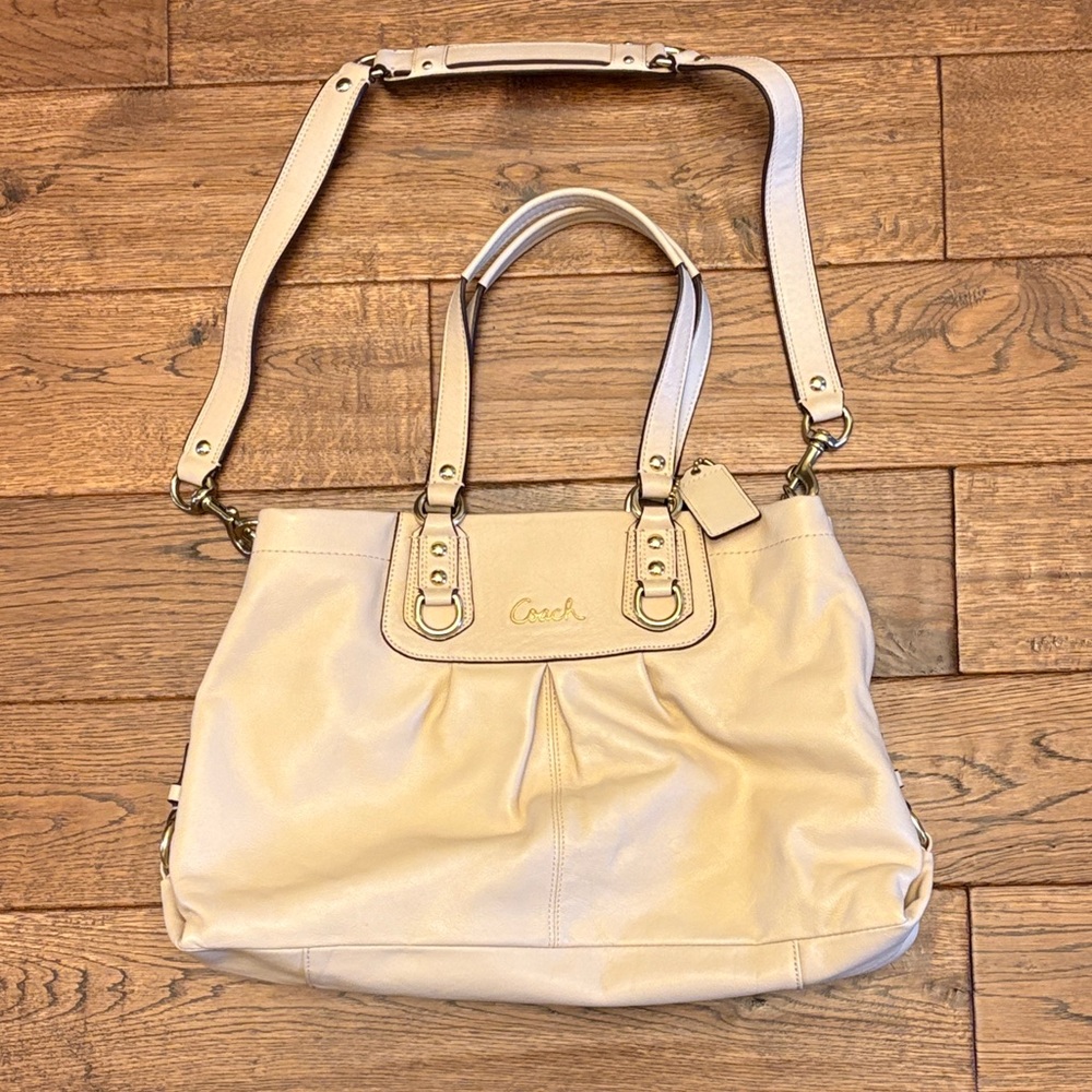 Coach Beige Leather Tote Bag with Shoulder Strap